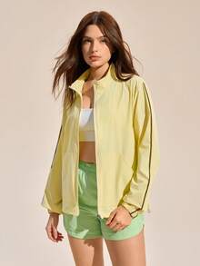 Exploreva Women's Fashion Versatile Zipper Pocket Striped Long Sleeve Lightweight Jacket - Yellow - View 4