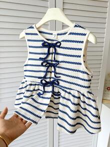 Tween Girl Navy & White Striped Front Tie Round Neck Casual Camisole - Blue and White - View 5