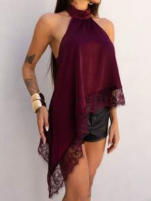 Maju Mazalli Elegant Lace Trim Backless Camisole Top, Sexy Satin Patchwork Sleeveless Blouse For Party, Cocktail, Formal Occasions, Business Casual Halter Neck Top,Summer Outfits For Women,Tank Top - Maroon - View 6