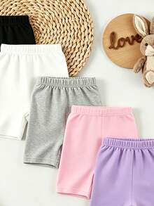 SHEIN Playful Pals 5件套百搭纯色短裤，适合6个月至2-3岁女婴，轻便休闲，适合春、夏、秋季日常外出、上学及休闲活动。 - 彩色 - 查看 4