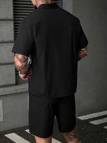 SLATEMANN 男士休闲字母印花纽扣短袖衬衫短裤套装，夏季 - 黑色 - 查看 2