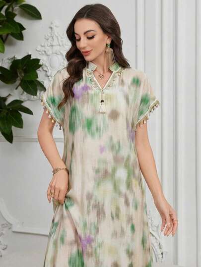 Al Najma Casual Printed Loose Flared Turkish & Arabic Traditional Long Dress For Women