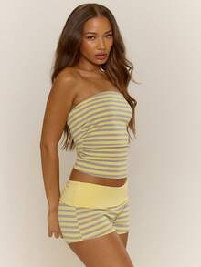 MUSERA Conjunto de top bandeau a rayas y shorts plegables coordinado en amarillo para primavera y verano, vacaciones, casual, uso diario, lindo, estilo Y2K y de calle - Multicolor - Ver 3