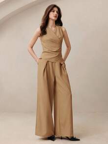 BizChic Sleeveless Wrap Vest & Trousers Suit Set, Business Formal, Vacation Style, Slouchy Chic, Commute, Date, Daily, Office, Independence Day, Graduation Season, Music Festival, Slimming, Elegant, Versatile, Summer, Party, Wedding Guest, Outing, Beach, Gathering, Social, Holiday, Shopping, Afternoon Tea, Travel, Minimalist - Brown - View 5