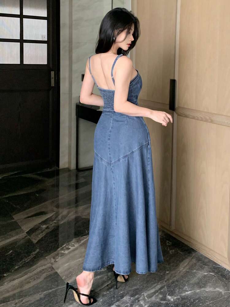 Casual Distressed Washed Denim Spaghetti Strap Dress For Women, Spring & Summer