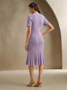 Anewsta Purple Autumn Elegant Tea Party Dress For Women,Knitted Cable Knit Buttoned Mermaid Hem Frill Trim Perforated Twist Rope Aran Solid Long Sleeve Dress - Mauve Purple - View 2