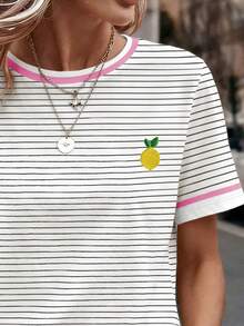 EMERY ROSE Kaos Kasual Musim Panas Ukuran Besar Motif Garis-garis Lemon - MultiWarna - View 4