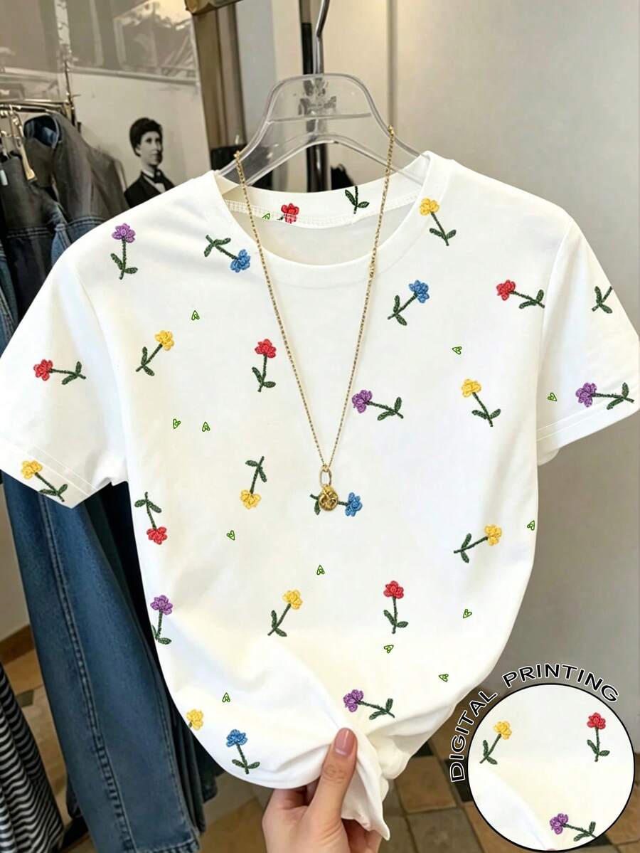 Áo thun nữ tay ngắn cổ tròn màu trắng in họa tiết hoa, kiểu dáng thường ngày, họa tiết hoa nhiều màu sắc tươi tắn, thích hợp cho các buổi đi chơi, kỳ nghỉ, thư giãn, v.v. Áo mùa hè. - Nhiều màu - Xem 1