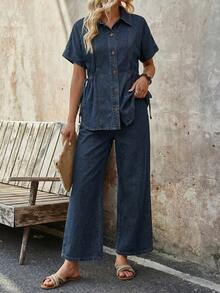 EMERY ROSE EMERY ROSE Women's Vacation Casual Streetwear Drawstring Waist Top And Jeans Pants Set Short Sleeve Shirt + Relaxed Wide Leg Cropped Pants Night Dark Blue - Blue - View 4