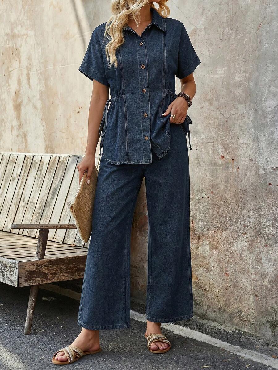EMERY ROSE EMERY ROSE Women's Vacation Casual Streetwear Drawstring Waist Top And Jeans Pants Set Short Sleeve Shirt + Relaxed Wide Leg Cropped Pants Night Dark Blue