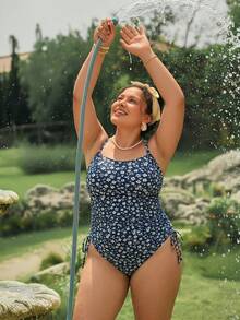 Swim Mod 2026 New Spring/Summer Plus Size Women Ditsy Floral Side Drawstring Ruched Slimming Sexy Backless One-Piece Swimsuit For Beach Party - Blue and White - View 3