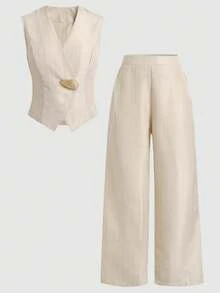 SHEIN Conjunto de T-shirt e Calça para Adolescentes Meninas, Conjunto Casual Elegante para Uso Diário, Top Cropped com Decote em Ombros e Calça Pantalona de Cintura Alta com Fivela Metálica em Listras Cor de Damasco, Conjunto de 2 Peças, Verão - Damasco - Visão 3