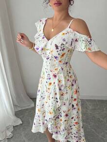 Elenzga Women's Asymmetric Ruffle Hem Floral Print Vacation Dress - Multicolor - View 6