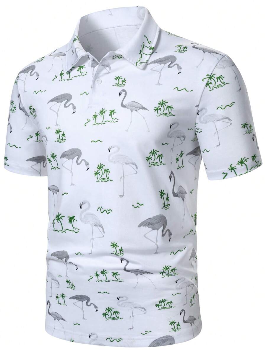 Manfinity Homme Kemeja Polo Pria Kasual untuk Liburan dengan Motif Pohon Kelapa & Flamingo - Putih - View 1