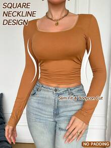 Women's Solid Color Undershirt, Long Sleeves, Square Neck, Minimalist And Comfortable - Brown - View 4