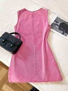 SHEIN PETITE Đầm denim không tay màu hồng nhạt dành cho nữ, kiểu dáng PETITE, trang phục thường ngày mùa hè đi biển và dạo phố cho phụ nữ. - Hồng - Xem 2
