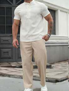 Manfinity Homme Conjunto de camisa y pantalones de ajuste holgado minimalista con medio botón para hombre, de verano, atuendo cómodo - Multicolor - Ver 5