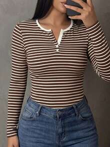 Dazy Plus Partial Zip-Up Elastic Fitted Solid Color Versatile Long Sleeve Black T-Shirt, Spring/Summer/Autumn - Brown - View 2