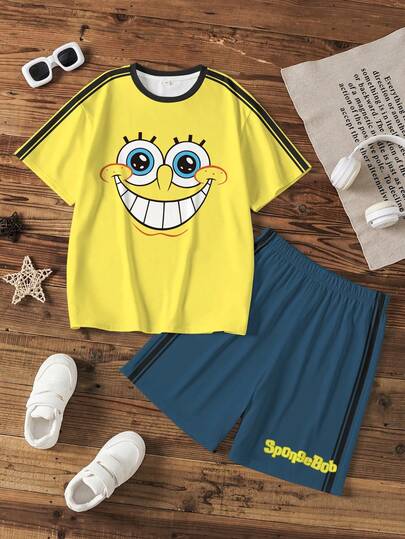 SpongeBob SquarePants | SHEIN Young Boys Cartoon Print T-Shirt And Shorts Set