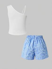 Souflis Souflis Summer Young Girls' Outfit,Cute 3D Flower White Ribbed Tank Top + High Waist Pearl Beaded Jacquard Shorts 2-Piece Set,Comfortable Casual INS Style - Multicolor - View 2
