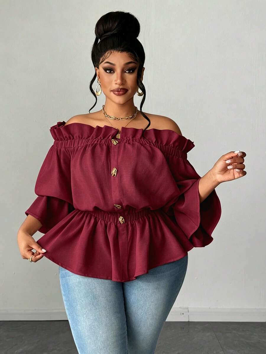 Maweii Blusa elegante de hombros descubiertos con volantes en el bajo, unicolor, talla grande, primavera/verano - Burdeos - Ver 1
