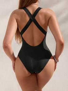 Swim Basics Đồ bơi tập luyện Racerback một mảnh chéo lưng mới cho nữ, đồ bơi thi đấu một mảnh thon gọn - màu đen - Xem 2