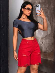 SHEIN Tall 女款時尚百搭破洞毛邊口袋鈕扣牛仔短褲，適合高個女性 - 紅色 - 查看 6