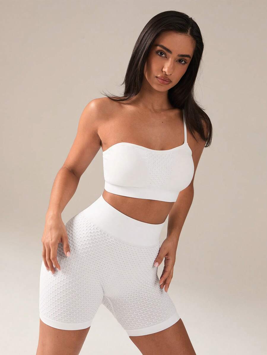 SHEIN BAE Bộ đồ tập yoga màu trắng dành cho nữ, gồm áo ngực thể thao và quần short. - trắng - Xem 1