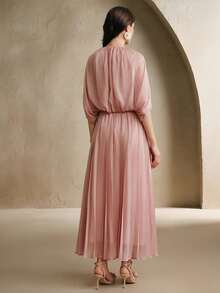 Anewsta Conjunto de 2 piezas de top elegante y romántico con drapeado y falda midi plisada y acampanada de moda para mujer - Rosa - Ver 7