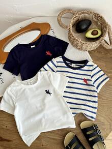 LMoss Kids 3件套男婴针织纯色条纹圆领修身休闲T恤套装 - 彩色 - 查看 9