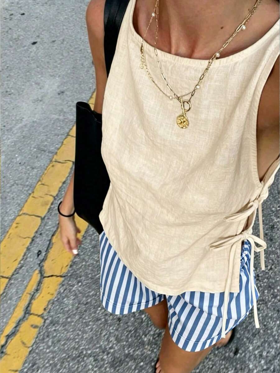 EMERY ROSE Linen-Like Side Tie Fashionable Vacation Beach Casual Crop Top - Apricot - View 1