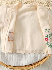 SHEIN Baby Girl Long Sleeve Cardigan Sweater,Beige,Autumn,Cute,Matching Family,Adorable Animal Pattern,Apricot Color,Ribbed Cuffs,Casual Daily & Holiday - Apricot - View 6