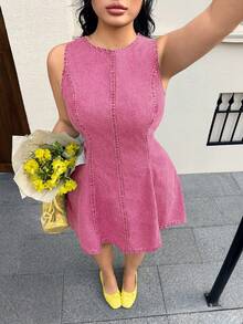 GalTyme 大尺碼女款圓領休閒無袖牛仔洋裝 - 白色 - 查看 4