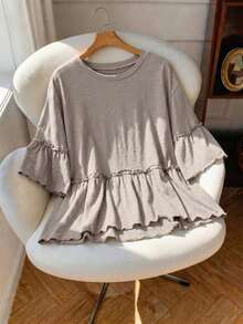 Elaquor Plus Size Solid Color Loose Patchwork Ruffle Trim Round Neck T-Shirt - Beige - View 7