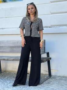 Jeta Ari French Elegant Chic Black & White Striped V-Neck Ribbon Tie Decor Regular Women Summer T-Shirt Casual - Black and White - View 4
