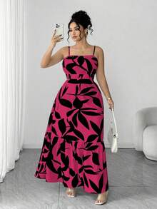 Elenzga Plus Size Women's Pink Floral Summer Boho Dress,Elegant Spaghetti Strap Ruched Waist A-Line Design,Holiday Tea Party,Wedding Prom Dress - Red Violet - View 3