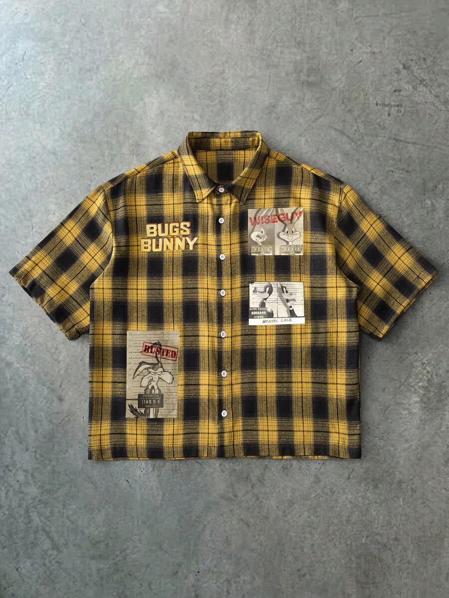 LOONEY TUNES X SHEIN PAVTROS 男士休闲时尚街头图案字母印花短袖衬衫,适合日常通勤和上学,夏季穿着 - 彩色 - 查看 1