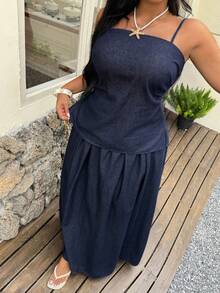 Dazy Plus Dark Washed Western Casual Formal Denim 2-Piece Set, Fitted Camisole Top And A-Line Long Denim Skirt, Plus Size Women, Vacation Navy Blue - Dark Wash - View 5
