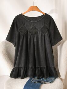 CosyJoli Plus Size Women's Black T-Shirt, Washed Short Sleeve Top, Casual Boho Clothing, Outerwear, Cute Summer Ruffle Hem Women Wear For Vacation Date Night - Black - View 7