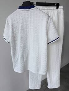 Manfinity CasualCool 男士休閒通勤短袖長褲 Polo 衫套裝，白色針織提花短袖上衣搭配白色長褲 Polo 衫套裝，適合日常休閒、通勤、旅行、戶外活動、輕鬆工作環境或半正式場合 - 白色 - 查看 5