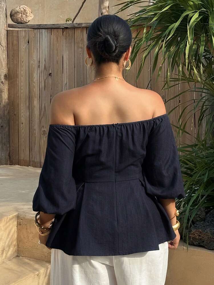 Dazy Plus Plus Size Women's Navy Blue Summer Elegant Vacation Holiday Off-Shoulder Puff Sleeve Ruffle Trim Pullover Top,Faux Denim Spring Short Sleeve Blouse