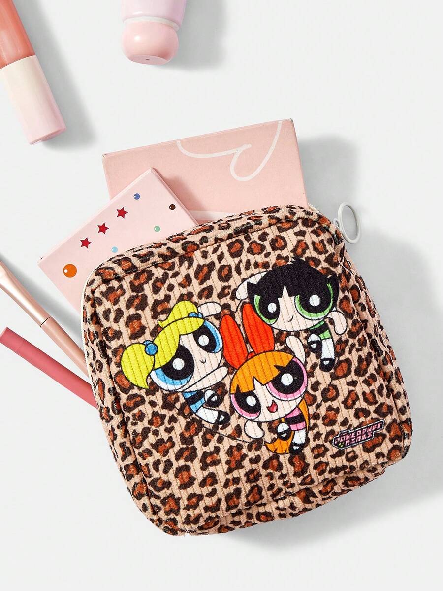 THE POWERPUFF GIRLS X SHEIN 豹紋底女孩印花化妝包,適用於多種場景,大容量,超輕量,耐用,多功能,實用,高美感,時尚風格,極簡休閒風,假風格,中性風,運動風,可愛風,卡通風,便攜,透氣,耐用,可折疊,防塵收納,假期戶外工作,辦公室送禮,通勤,旅行,度假,年輕女性和辦公室人員的首選 - 豹紋 - 查看 1