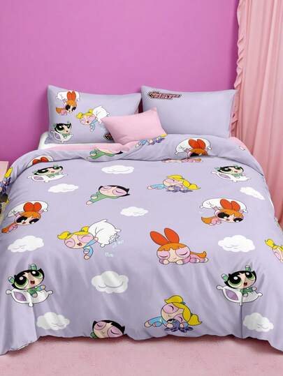 THE POWERPUFF GIRLS X SHEIN 3Pc Purple Playful Cartoon Printed Quilt Cover Set, Sanded Material, Soft And Warm, Multiple Sizes, Suitable For Single Bed/Double Bed/Queen Bed/King Bed, Machine Washable