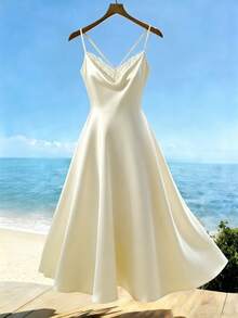 GlowEve CURVE Vestido de tirantes elegante de unicolor con encaje de contraste para tallas grandes en verano - Albaricoque - Ver 7