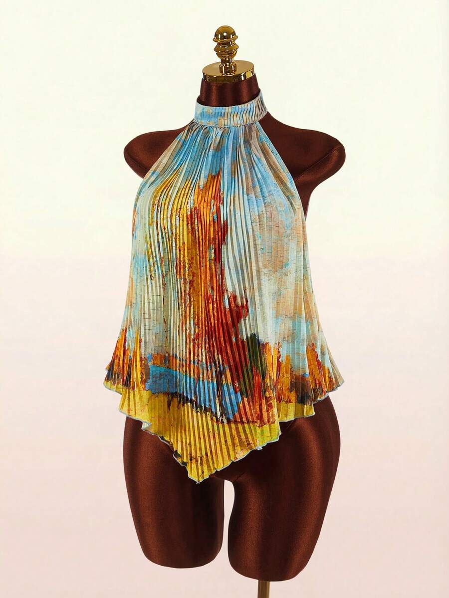 Amplova 2026 New Arrival Asymmetrical Oil Painting Pattern Women Tank Top, Summer - Yellow - View 1