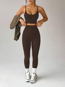 BamGleam 3pcs Women Set: Loose Drop Shoulder Long Sleeve Cropped T-Shirt, Seamless Wireless Bra, And High Waist Leggings Sports Outfit Brown Yoga Set Brown Workout Set Brown Athletic Set - Brown - View 4