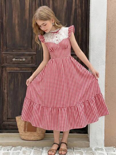 SHEIN Tween Girl's Lace Collar Plaid Cap Sleeve Dress, Summer Dress, Vacation Outfits, Retro, Vintage, Country Outfits, Picnic, Party, Festival, Birthday Wear, Tea Party Dress, French Style Dress, Red And White Plaid Dress, Party Dress, Spring Break Outfits ,Graduation Dress, Red Dress, Ruffle Dress Picnic Outfit Retro Dresses