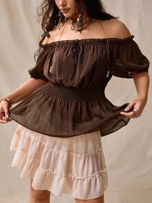 Nubod Plus Size Summer New Chiffon Ruffle Off Shoulder Petal Sleeve Cinched Waist Flared Hem Women's Fashion Romantic Boho Vacation Elegant Blouse Brown - Brown - View 6