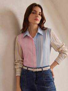 Anewsta 蓝白黄渐变条纹衬衫,单排扣翻领设计,撞色袖子,女士专业通勤衬衫 - 彩色 - 查看 4