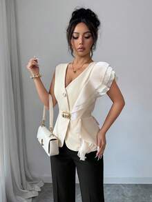 SHEIN Elenzya Áo kiểu thanh lịch có bèo nhún ở eo, thích hợp mặc đi làm hoặc mùa hè. - Màu be - Xem 4